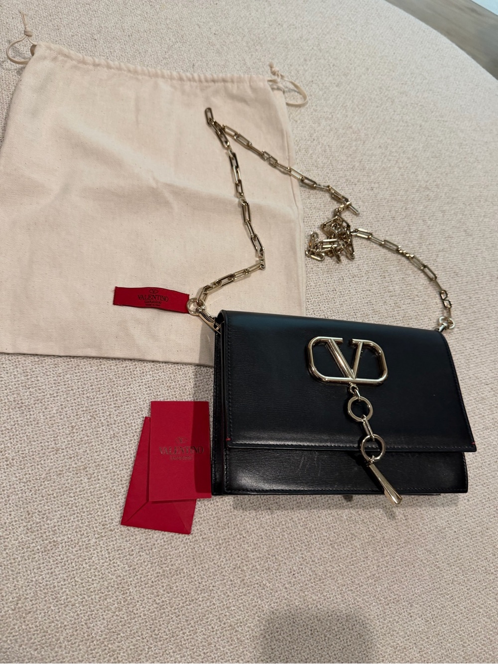 Valentino Garavani Black Leather Crossbody with Gold V-Chain Hardware